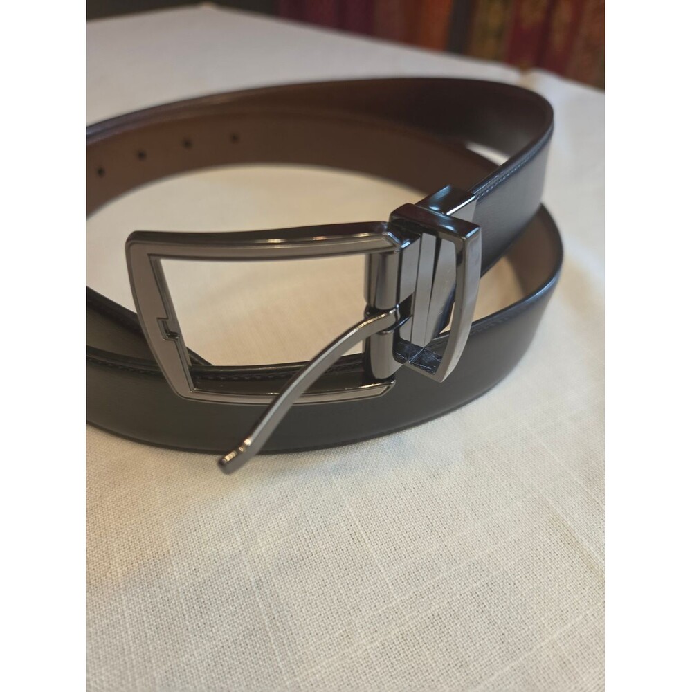 Perry Ellis Reversable Leather Dress Belt with Polished Silver Buckle